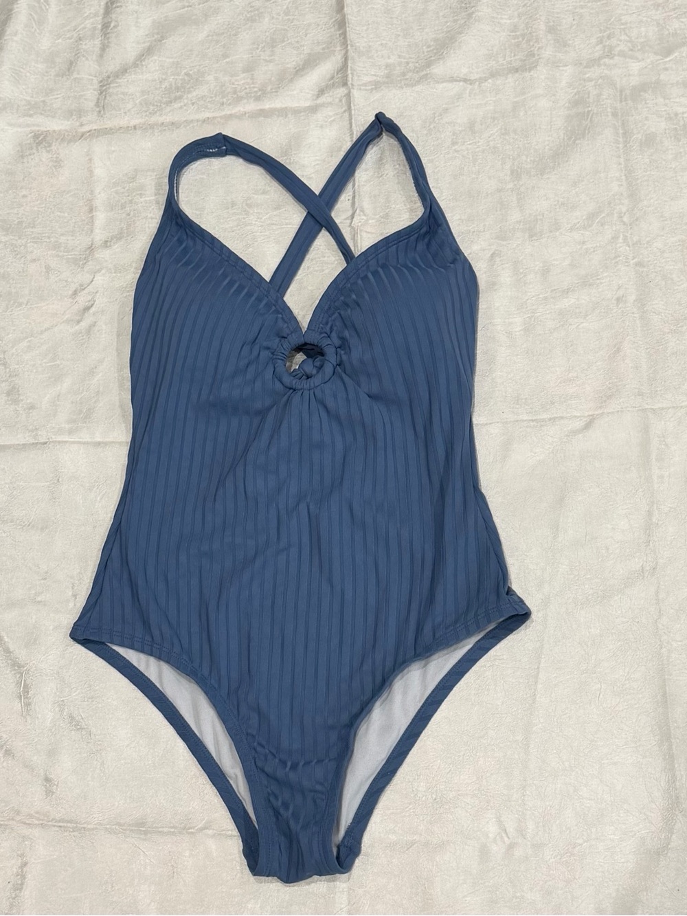 Kona Sol Blue Ribbed One Piece Swimsuit Medium Open Tie Back Cutout Swimwear